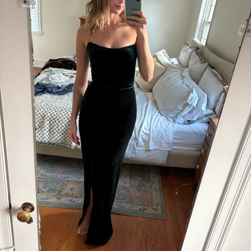 Jenny Yoo Velvet Emerald Green Strapless Dress!